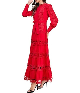 Layered With Love Woven Cotton Crew Neck Blouson Sleeves Belted Crochet Trim A-Line Maxi Dress | ... | Dillard's