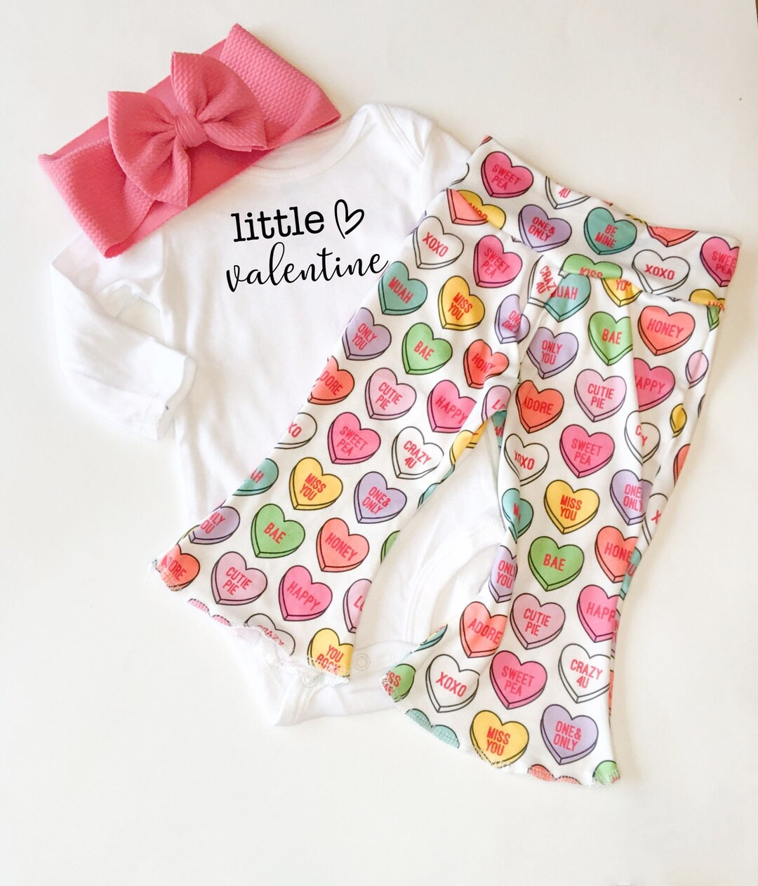 Valentines Day Baby Girl Bell Bottom Set, Conversation Hearts Toddler Bell Bottoms and Bow Outfit... | Etsy (US)