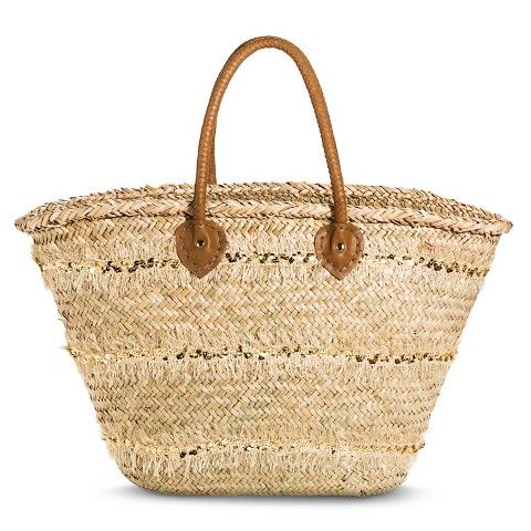 Women's Woven Straw Handbag with Gold Sequin Stripes - Tan | Target