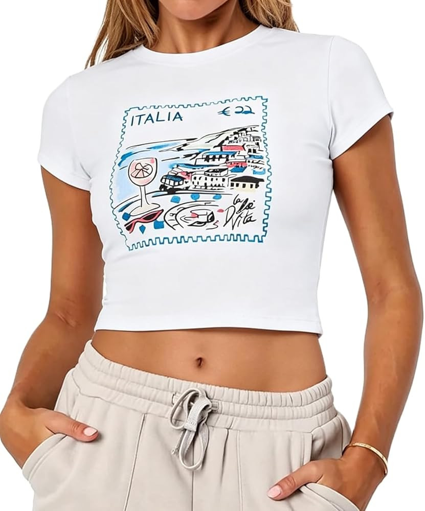 Y2k Graphic Baby Tees Women Teen Girl Fruit Print Crop Top Short Sleeve Slim Fit Vintage Aestheti... | Amazon (US)