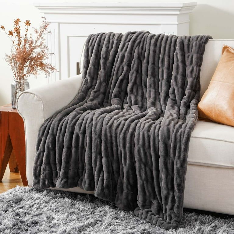 Battilo Fuzzy Faux Fur Throw Blanket, Soft Warm Reversible Rabbit Fur Blanket for Bed Couch, Grey... | Walmart (US)
