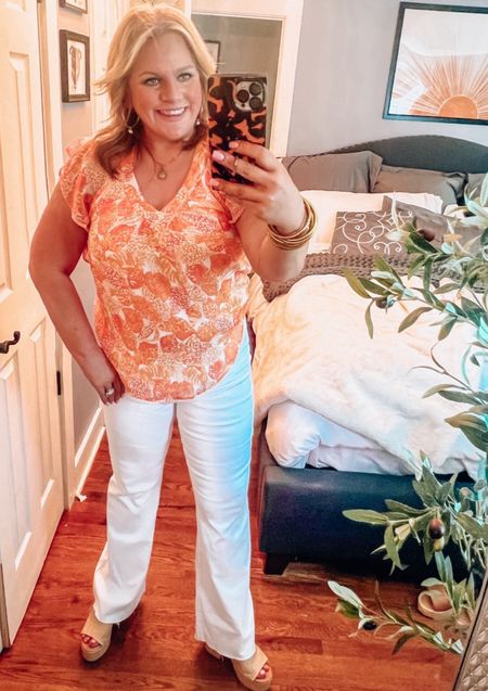 How summery is this top!? Beautiful peach/coral/light orange , it’s airy and fluttery. 
It looks just as fab with a medium wash denim skirt, as it does these fresh white jeans. Fits slightly large, on sale this weekend for 40% off, making it only $33
Denim, jeans, summer outfit, workout, affordable outfits, Loft, Everever, sandals, platform sandals, 70’s vibe

#LTKStyleTip #LTKSeasonal #LTKSaleAlert