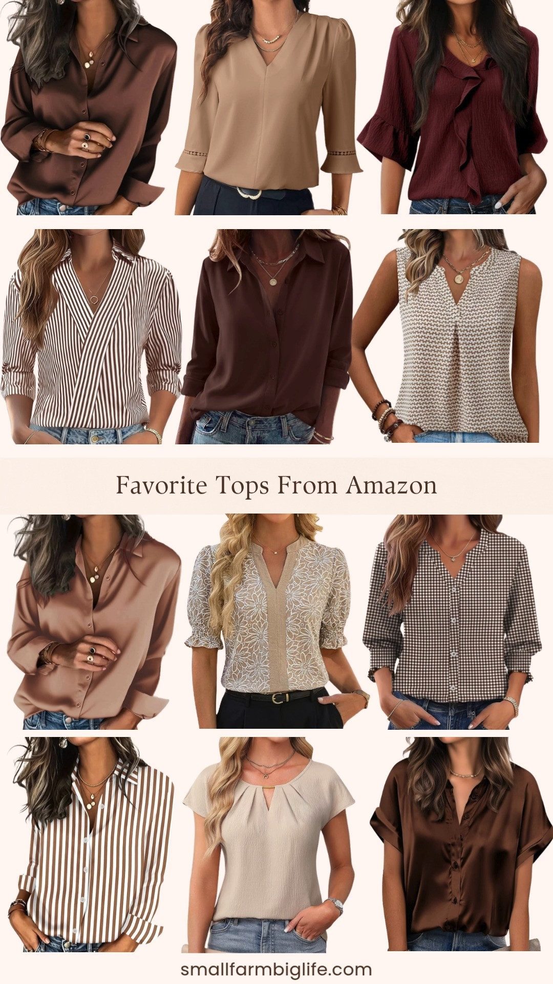 These favorite tops from Amazon are perfect for transitioning into fall while still working for summer, and my LTK has all of these linked and ready to shop. So many great business casual blouses in this roundup that work for the office or a night out.
I am loving the coffee brown and toffee brown satin silk button down blouses, plus the brown and white striped collared blouses for an easy classic look. The brown gingham button down shirt and the wine red ruffle bell top add such pretty texture and detail to any outfit.
For something a little more feminine, the beige and white floral puff sleeve blouse and the beige pleated short sleeve blouse are both gorgeous dressy casual options. I am also loving the khaki pleated V neck blouse, the brown and white pattern sleeveless tunic top, and the chocolate brown satin short sleeve blouse to round out this collection of business casual and vacation ready tops.
Shop all of my favorite tops from Amazon linked in this post. 

 #LTKootd #LTKOver40 #LTKWorkwear