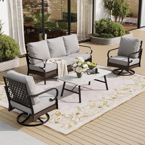 SUNSHINE VALLEY 4 PCS Metal Outdoor Patio Furniture Set, Patio Conversation Sets 1 3-Seater Sofa, 2 Swivel Chairs with 5.75" Extra Thick Cushion & Coffee Table, Black Backyard Furniture, Light Gray | Amazon (US)