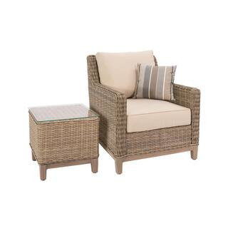 Alisa Light Brown Wicker Outdoor Lounge Chair with Beige Cushions and Side Table | The Home Depot