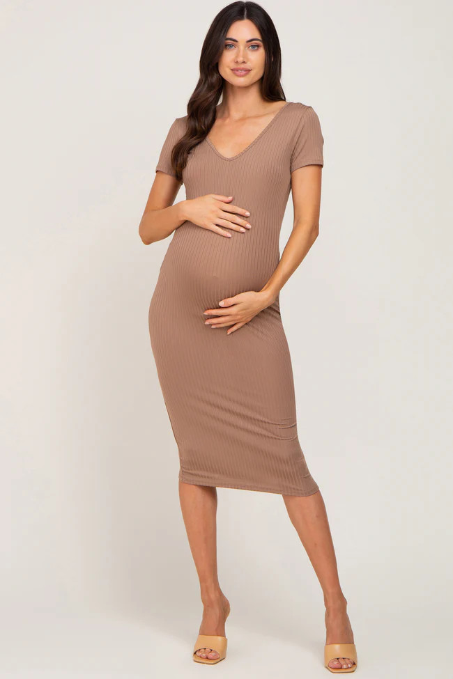 Taupe Basic Ribbed Maternity Fitted Midi Dress | PinkBlush Maternity