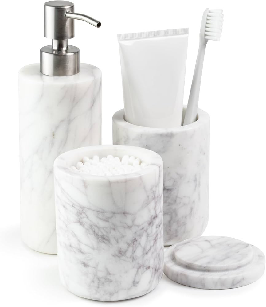 Cork & Mill Marble Bathroom Accessories Set, Solid Natural Marble, Complete Vanity Set with Soap ... | Amazon (US)