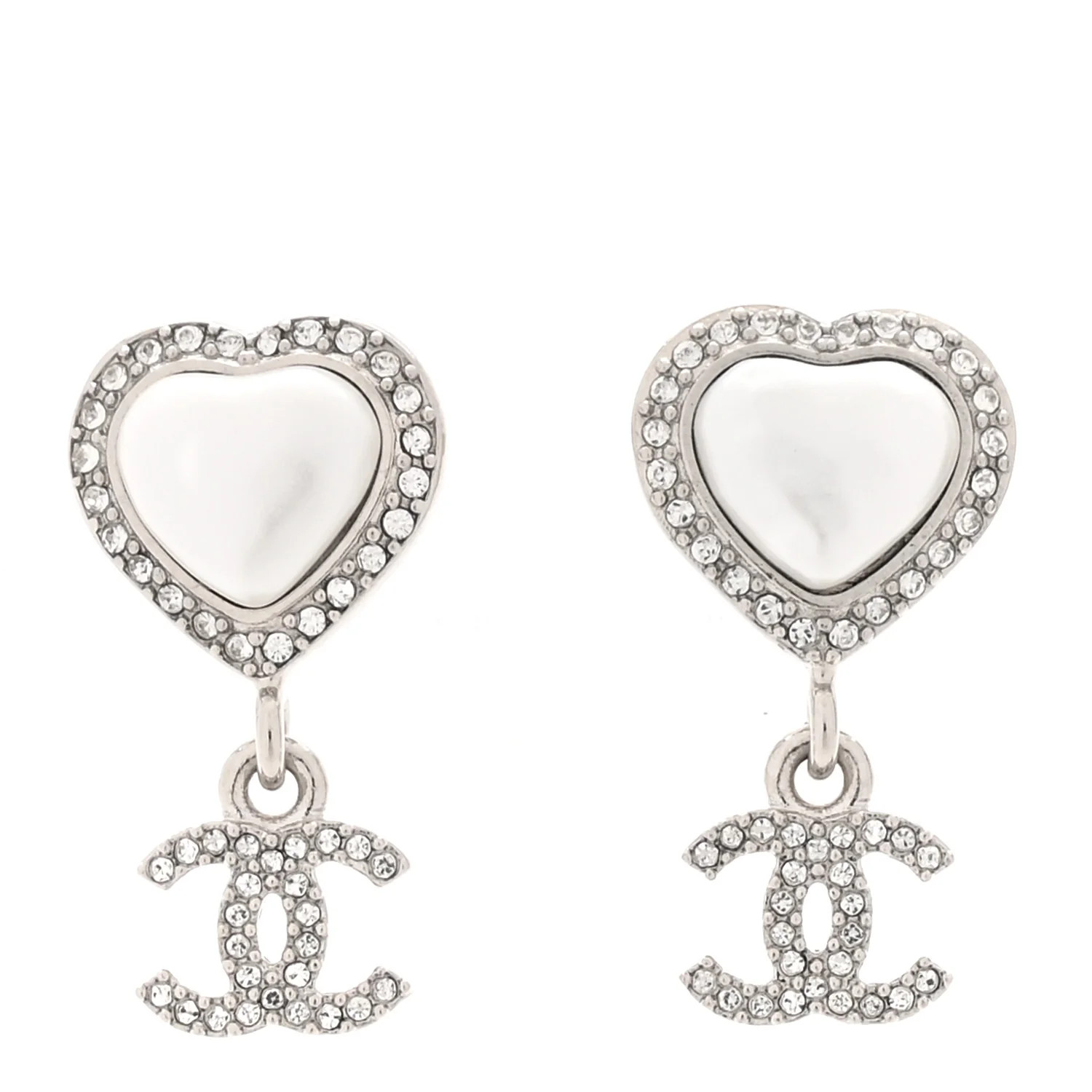 Pearl Crystal CC Heart Drop Earrings Silver | FASHIONPHILE (US)