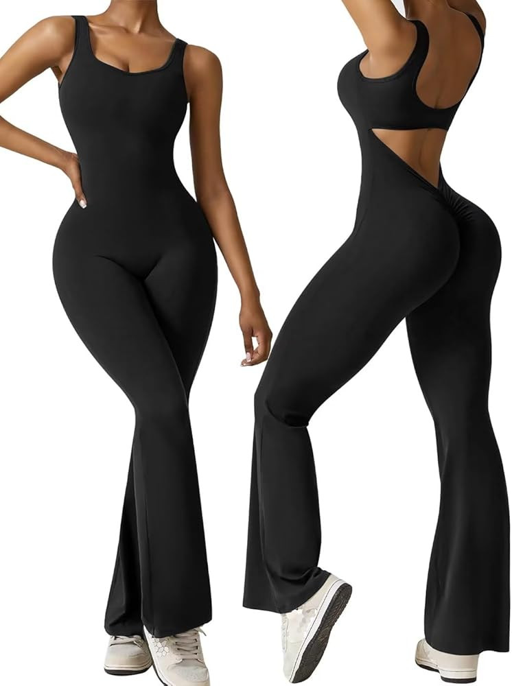 Vertvie Sleeveless Flare Jumpsuits for Women Sexy Backless Bodycon V Back Scrunch Butt Yoga Rompe... | Amazon (US)