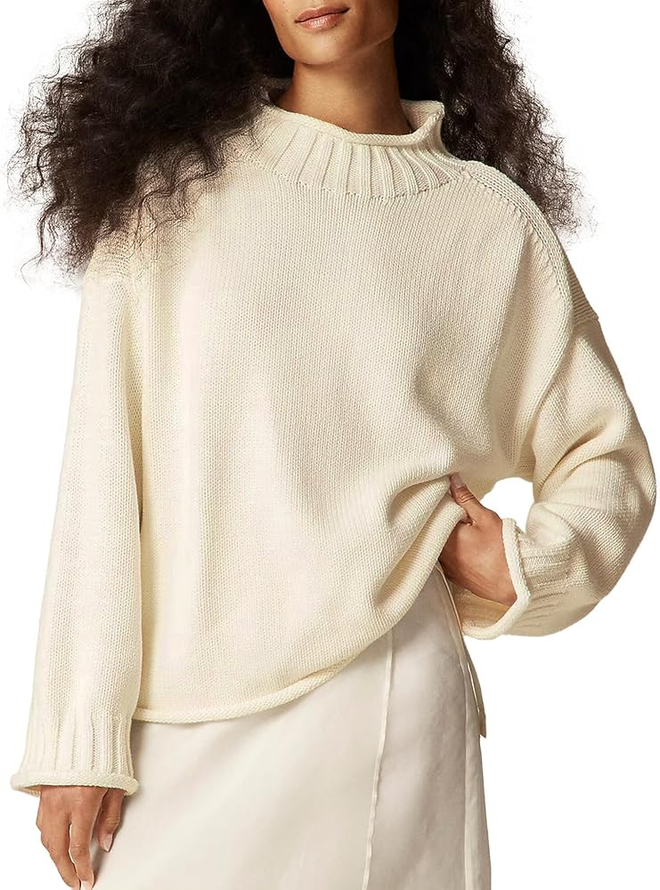 Oversized Sweaters for Women Roll High Neck Hem Long Sleeve Soft Chunky Cable Knit Striped Pullov... | Amazon (US)