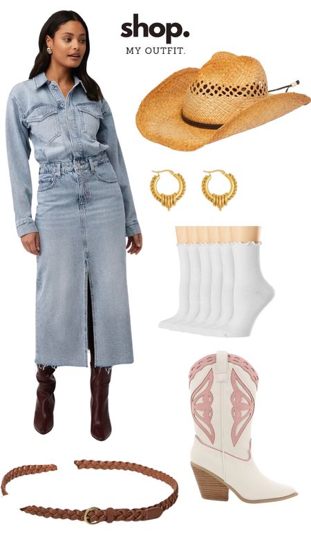 Spring outfit, country outfit, cowboy boots, fashionpass, gold hoop earrings, cowboy hat, belt 

#LTKstyletip #LTKSeasonal #LTKshoecrush