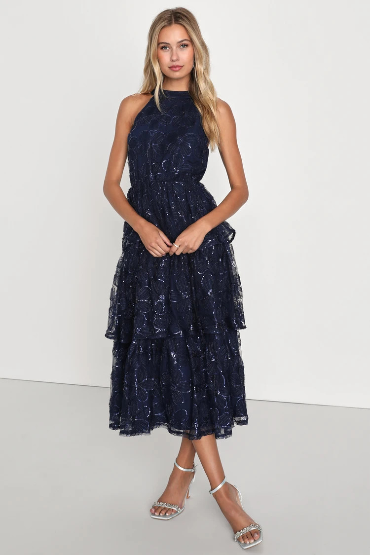 Blooming Glow Navy Blue Sequin Floral Tiered Halter Midi Dress | Lulus
