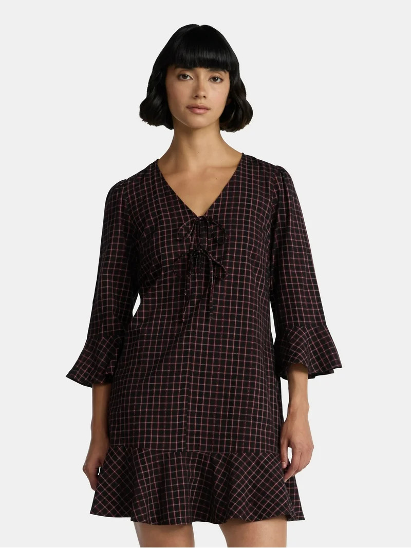 Time and Tru Women's Plaid Tie Front Mini Dress, Sizes XS-XXXL | Walmart (US)
