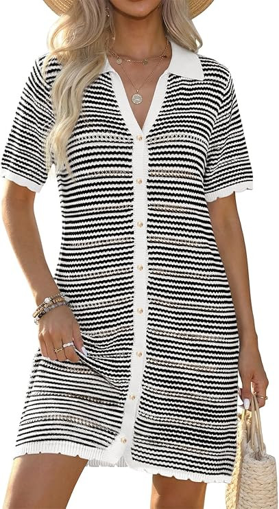 Fisoew Womens Crochet Swimsuit Coverup Summer Beach Bathing Suit Hollow Out Button Down Short Sle... | Amazon (US)