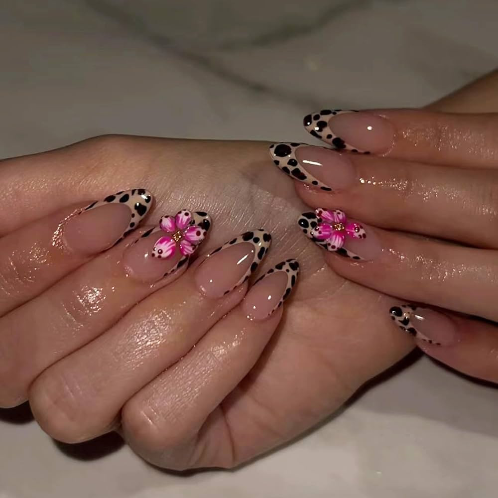 24Pcs French Tip Press on Nails Medium Almond Fake Nails Cute False Nails with Leopard Print Flow... | Amazon (US)