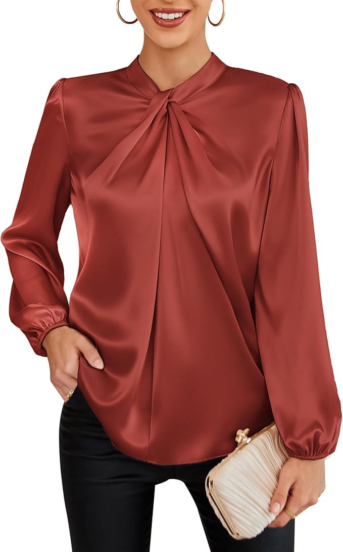 GRACE KARIN Women's Long Sleeve Satin Blouse,Mock Neck Work Silk Shirts,Dressy Tops for Business ... | Amazon (US)