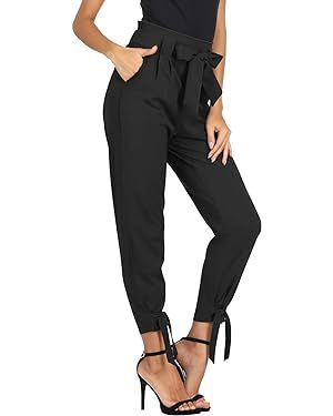 LIUMILAC Women Casual Cropped Pants Solid High Waist Dressy Pants with Pockets Bow-Knot | Amazon (US)