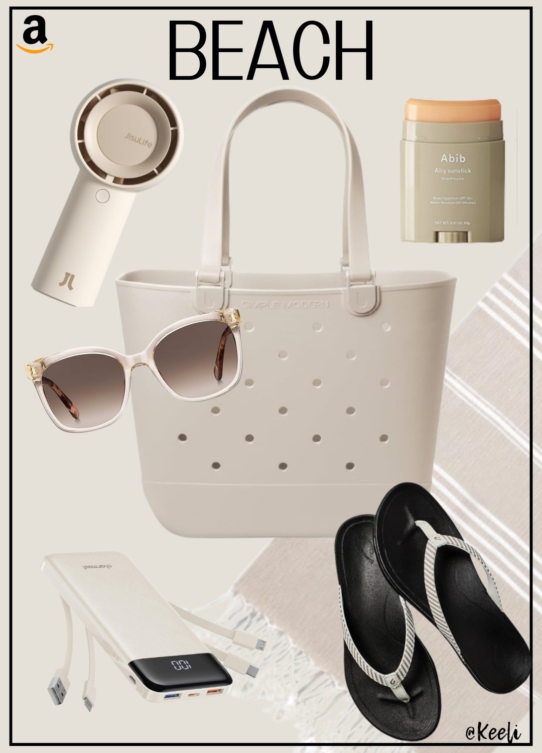 Neutral beach essentials☀️Beach bag, sunglasses, sunscreen, mini fan, flip flops, aesthetic beach,neutrals,  phone charger, vacation must haves

#LTKTravel #LTKSwim #LTKSeasonal