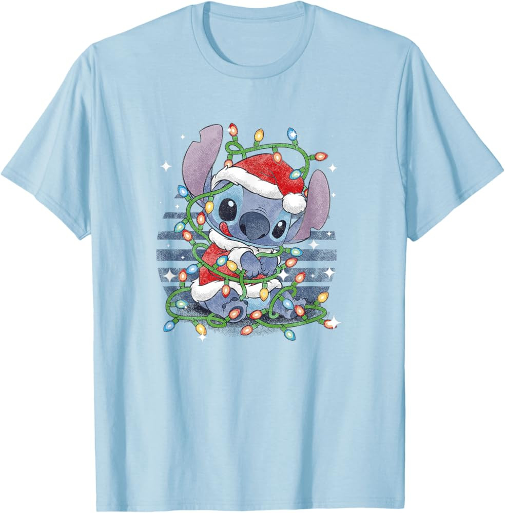 Disney Lilo & Stitch Christmas Tangled Lights Portrait T-Shirt | Amazon (US)