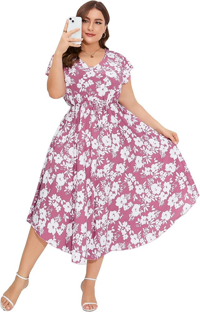 Womens Plus Size V Neck Casual Maxi Dress Ruffle Short Sleeves Boho Summer Printed Floral Long Dr... | Amazon (US)