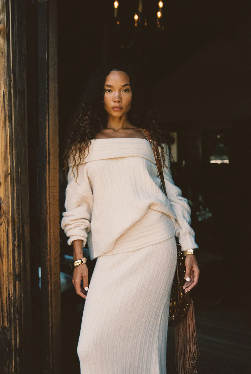Pamela Beige Off The Shoulder Sweater | 12th Tribe