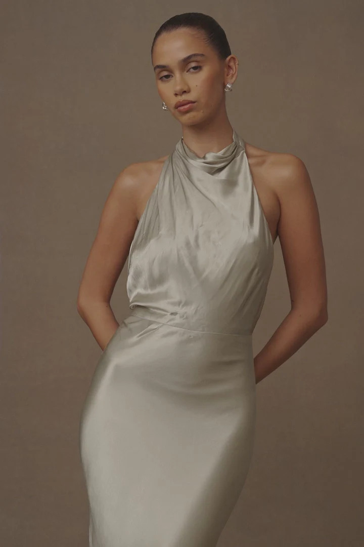 Esther Iridescent Satin Cowl Maxi Dress - Sage | Meshki UK
