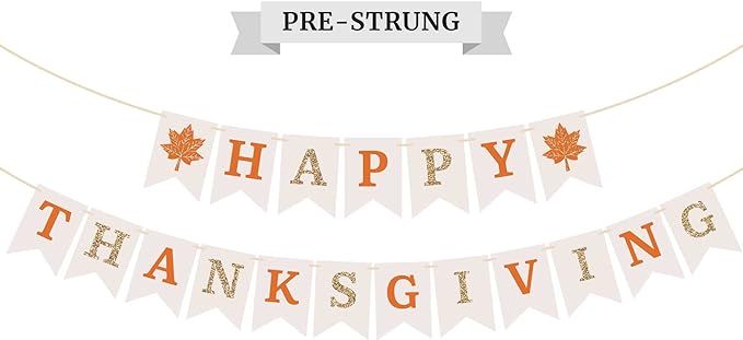Pre-Strung Happy Thanksgiving Banner - NO DIY - Thanksgiving Banner With Gold Glitter Details - P... | Amazon (US)