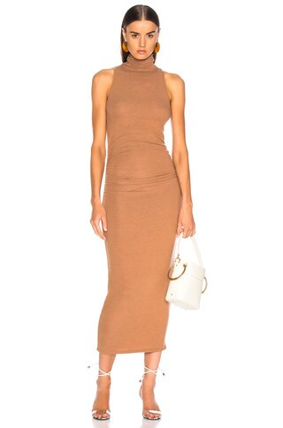 Enza Costa Sleeveless Side Ruched Turtleneck Midi Dress in Burnt Carmel | FWRD 