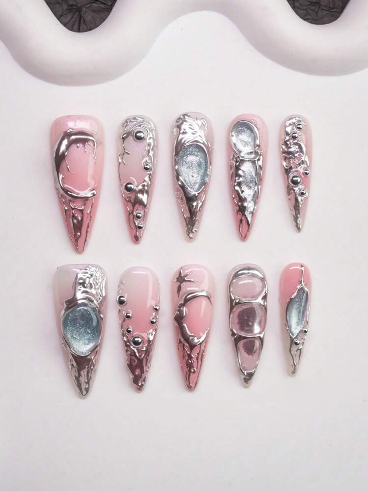 Spring/Summer Handmade Almond-Shaped False Nails, Y2K Girly Style, 10Pcs/Set With 3 Size Options, Includes Pink Cat Eye Nails With Liquid Metal Asymmetrical Patterns, Blue Gems, Moon & Beads Design, Suitable For Party, Prom, Daily Wear, Can Be Given As Gifts For Women & Girls Press On Nails Nail Supplies Nails | SHEIN