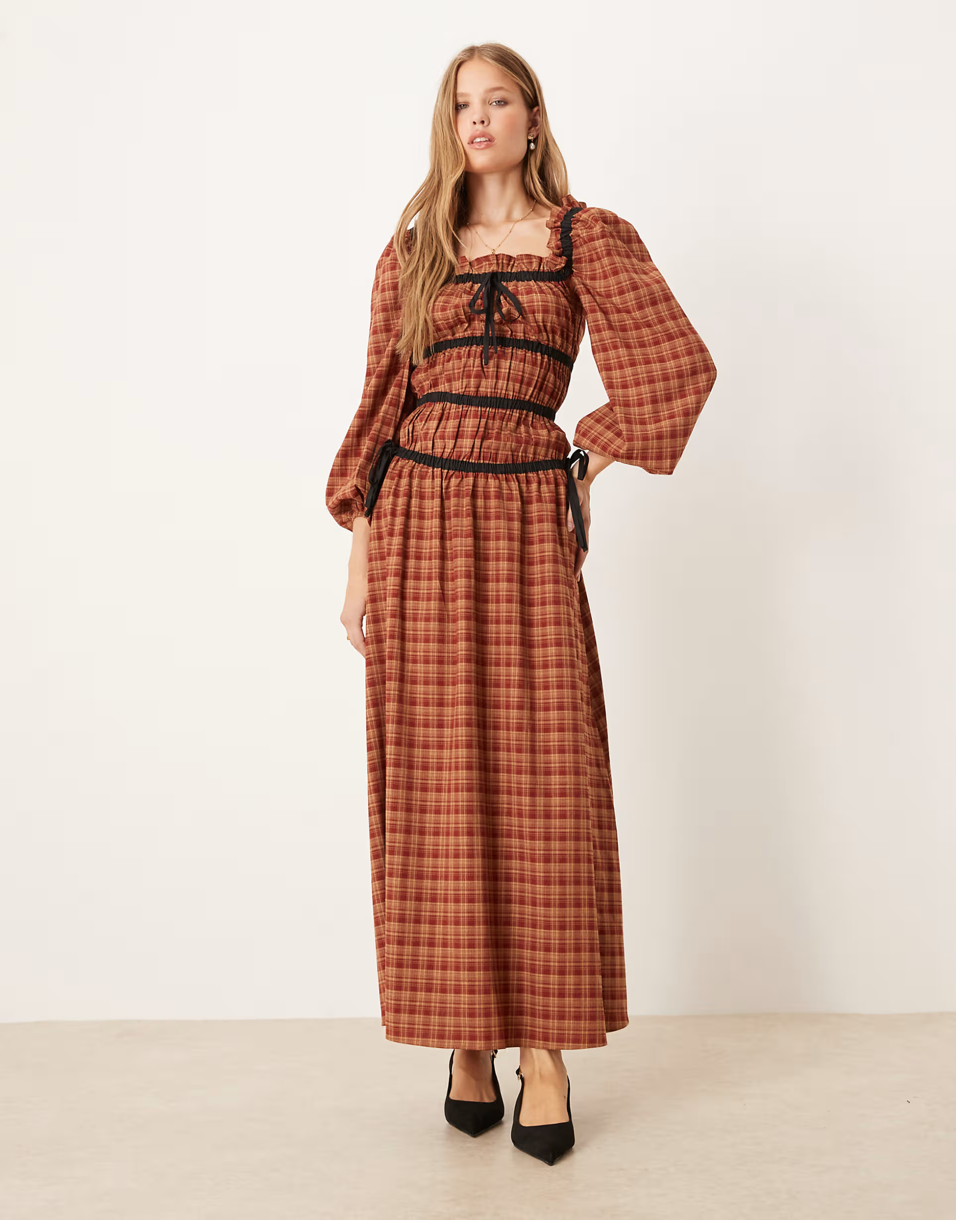Glamorous long sleeve square neck midaxi dress in red brown plaid with black contrast | ASOS | ASOS (Global)