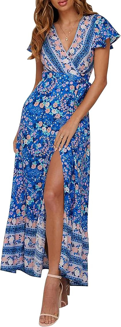 ZESICA Women's Bohemian Floral Printed Wrap V Neck Short Sleeve Split Beach Party Maxi Dress | Amazon (US)
