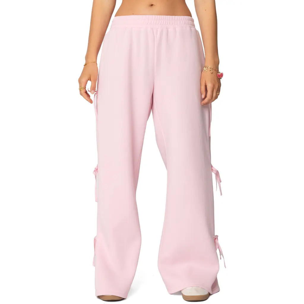 EDIKTED Claudette Bow Wide Leg Sweatpants in Pink at Nordstrom, Size X-Large | Nordstrom