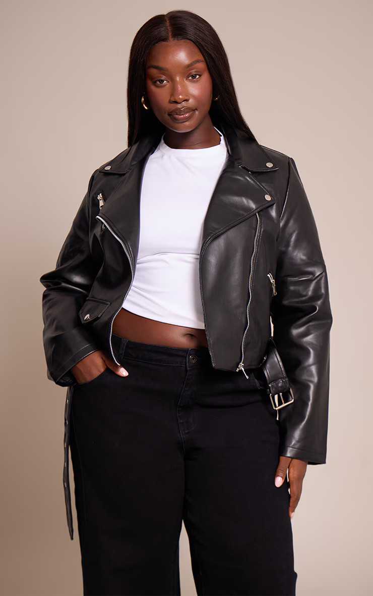 Plus Black Faux Leather Zip Detail Biker Jacket | PrettyLittleThing US