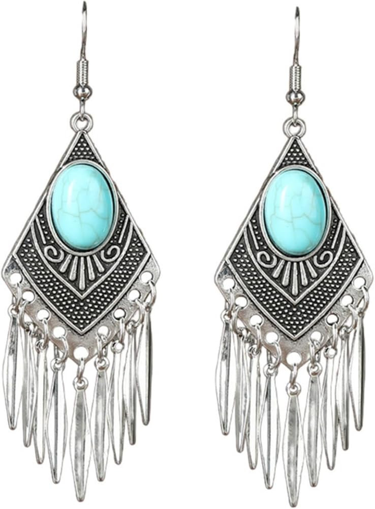 Boho Handmade Vintage Turquoise Earrings for Women Dangling Silver Bohemian Colorful Inlaid Stone... | Amazon (US)