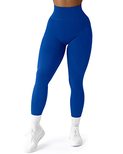 SUUKSESS Women Ribbed Seamless Leggings High Waisted Tummy Control Workout Yoga Pants (Royal Blue, S) | Amazon (US)