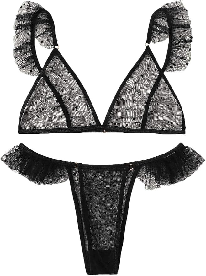 WDIRARA Women's Sexy Heart Ring Harness Solid Sheer Spaghetti Strap Lingerie Set | Amazon (US)