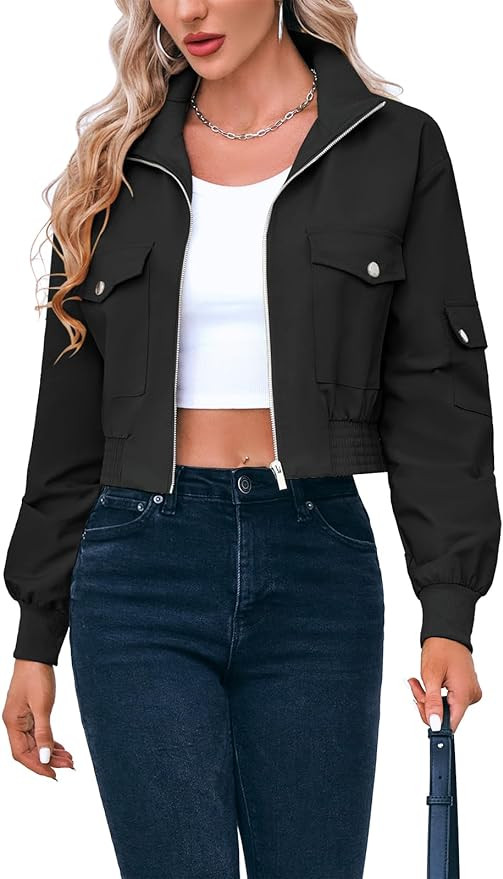 Fisoew Women's Cropped Bomber Jackets Lightweight Zip Up Stand Collar Long Sleeve Short Jacket wi... | Amazon (US)