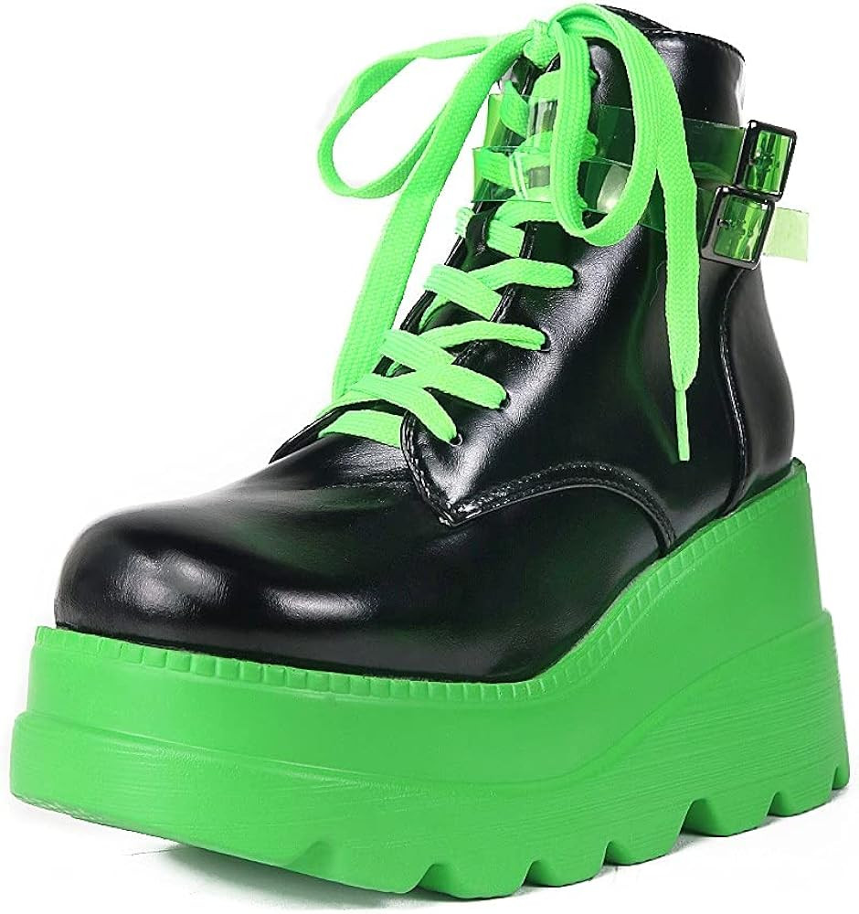 Chunky Platform Boots for Women, Square Toe Lace up Zip High Heel Combat Wedge Ankle Boots | Amazon (US)