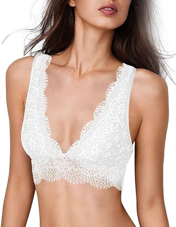 Lace Bralette, Women's Deep V Neck Unpadded Lace Long Line Plunge Bralette Bra | Amazon (US)