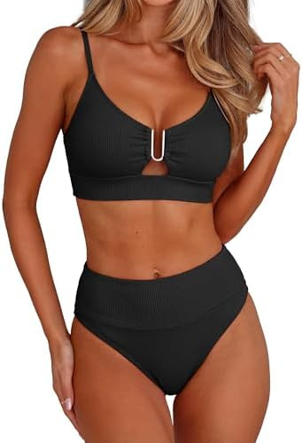 ANRABESS Bikini Sets for Women Summer High Waisted 2 Piece Bathing Suit Ribbed U-Wire Cutout Swim... | Amazon (US)