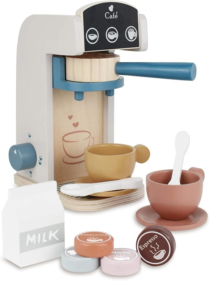 PairPear Coffee Maker Espresso Playset - Wooden Deluxe Play Kitchen Set with Accessories 13 Piece... | Amazon (US)