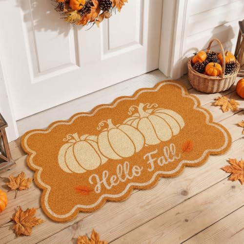 Tinideya Fall Pumpkin Doormat, Hello Fall Harvest Thanksgiving Front Door Coir Mat 29 x 17 Inch with Non-Slip Backing, Scallop Edge Triple Pumpkin Autumn Welcome Rug for Porch Kitchen Entrance Decor | Amazon (US)