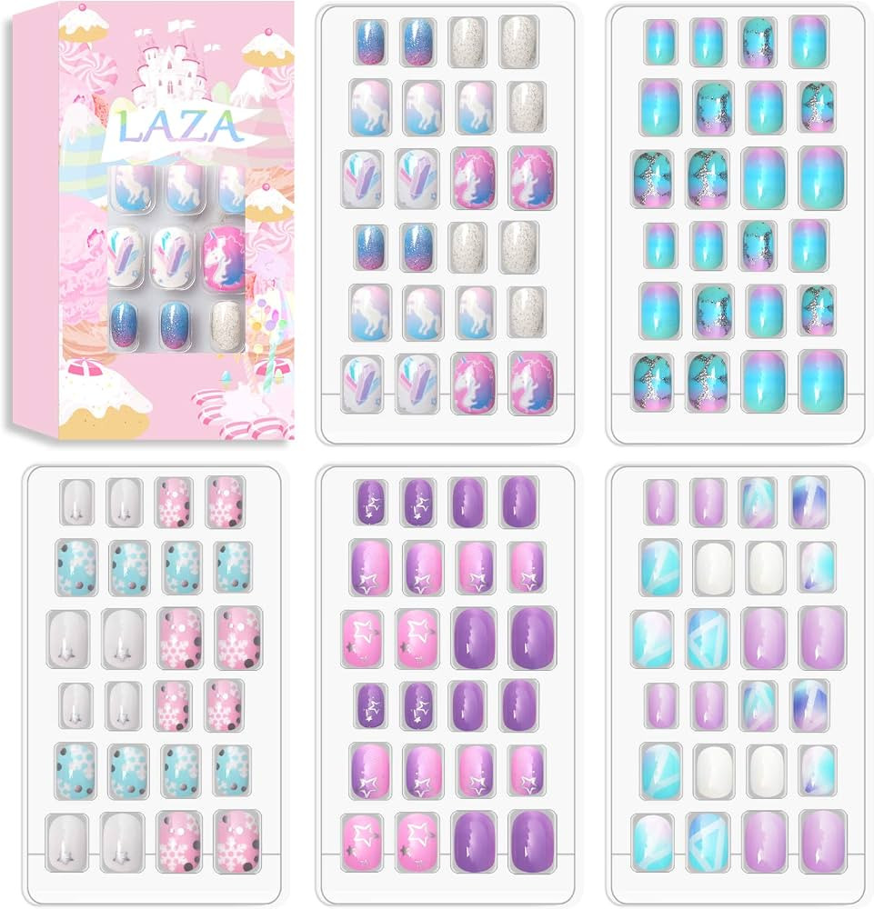 Laza 120pcs Children Nails Press On Pre-glue Full Cover Nail Tips Kit Glitter Gradient Color Rain... | Amazon (US)
