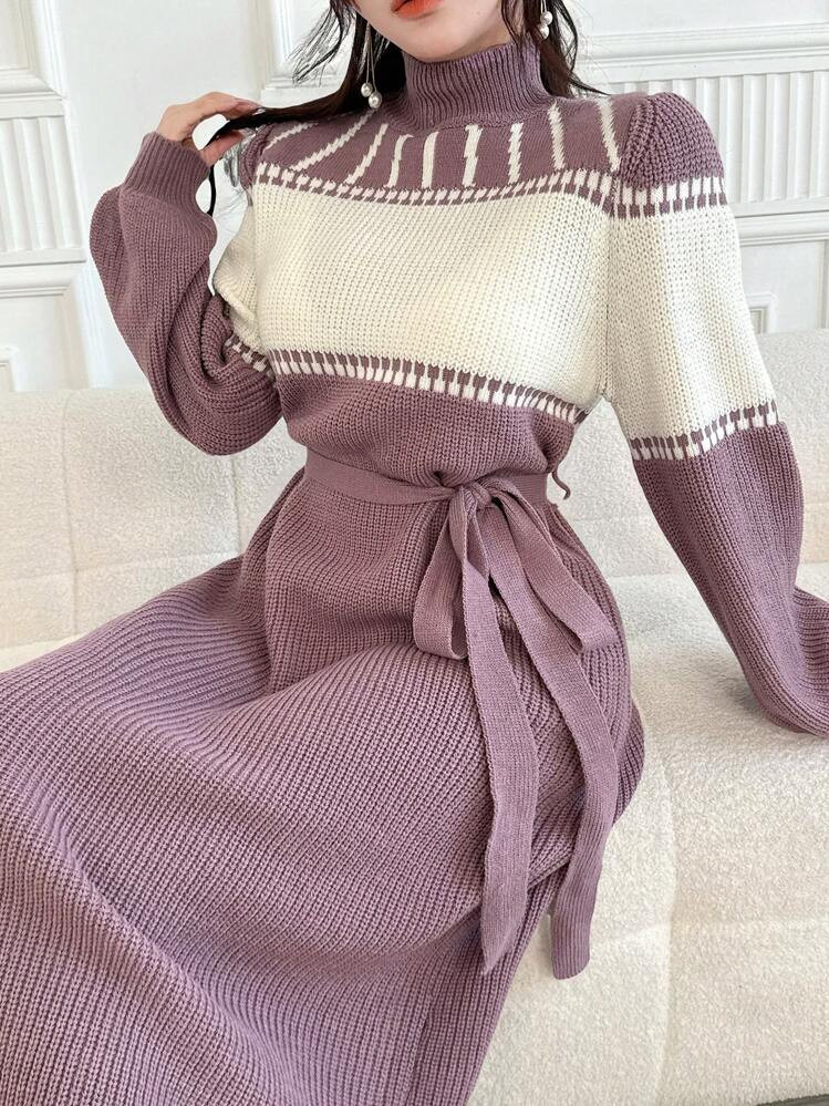 SHEIN Modely Women's Casual Color Block Stand Collar Long Knit Sweater Dress, Autumn/Winter | SHEIN