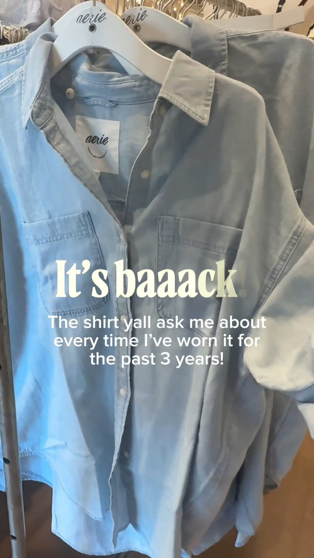 I’ve been wearing this shirt non-stop for the past 3 years and yall ask me about it every single time! I haven’t been able to link it until now so when I walked in to Aerie today & saw it I grabbed a spare for me & linked immediately for you! The best denim shirt you’ll ever own! 

Grab your tts for the perfect oversized fit. I am 140lbs, 5’7 and get a small! I

#LTKootd #LTKmomlife #LTKSeasonal