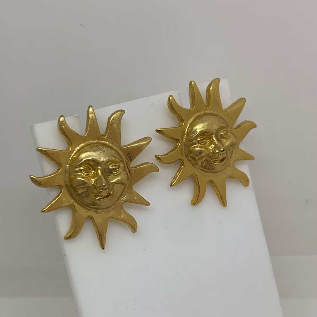 1980s Gold Smiling Sun Large Pierced Ear Stud Earrings - Etsy | Etsy (US)