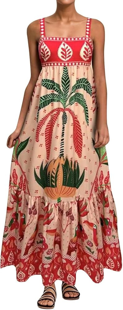 Floral Sundresses for Women 2025 Sleeveless Spaghetti Strap Flowy Swing Aline Beach Dress Boho Ho... | Amazon (US)