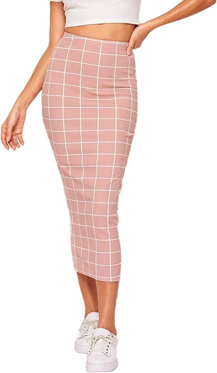 Verdusa Women's Elegant Plaid Elastic Waist Bodycon Midi Skirt | Amazon (US)