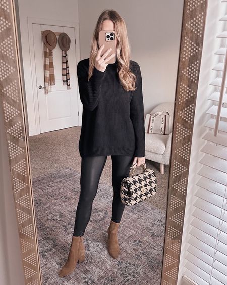 J.Crew relaxed roll neck sweater with faux leather leggings and Loeffler Randall ankle booties pair with Walmart dupe bag

#LTKU #LTKFind #LTKstyletip