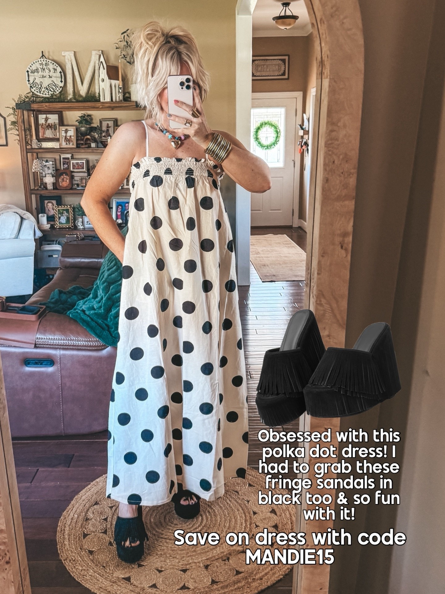 Save on this adorable dress with code MANDIE15 
These fringe shoes are so cute with it! 
#easterdress #dress #polkadotdress 

#LTKootd #LTKOver40